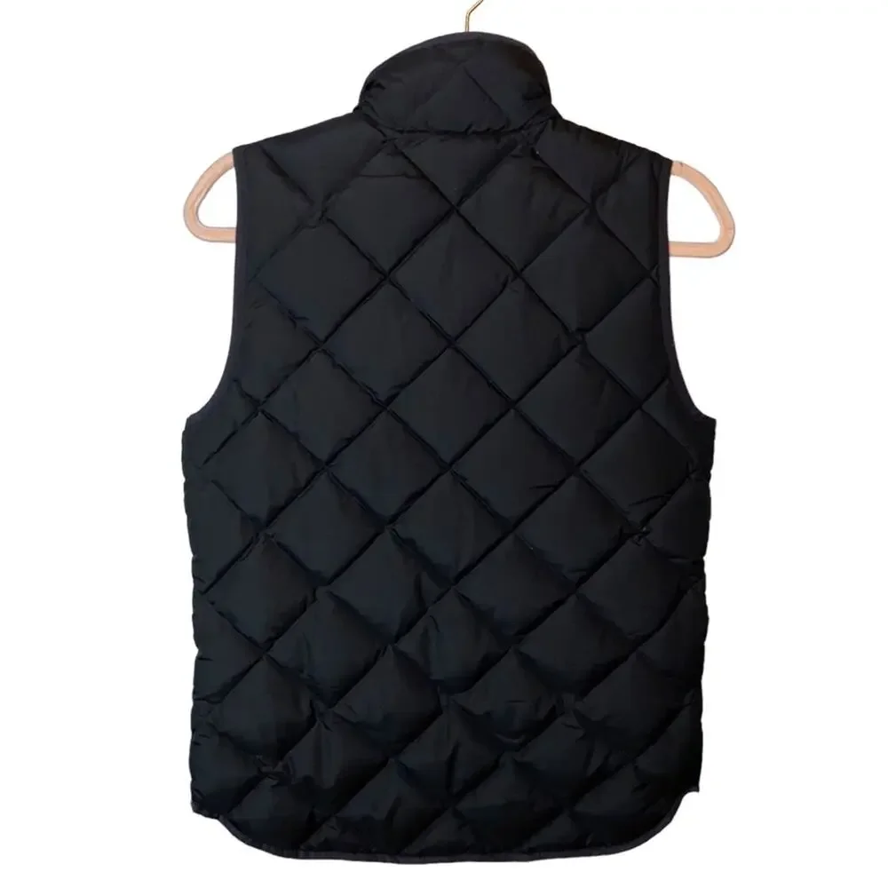 J.Crew Black Diamond Down Quilted Puffer Vest XS‎ Gold Snap Zip Front